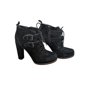 DV Dolce Vita Womens 7.5 Black Suede Ankle Boots Triple Buckle Lace Up Heel